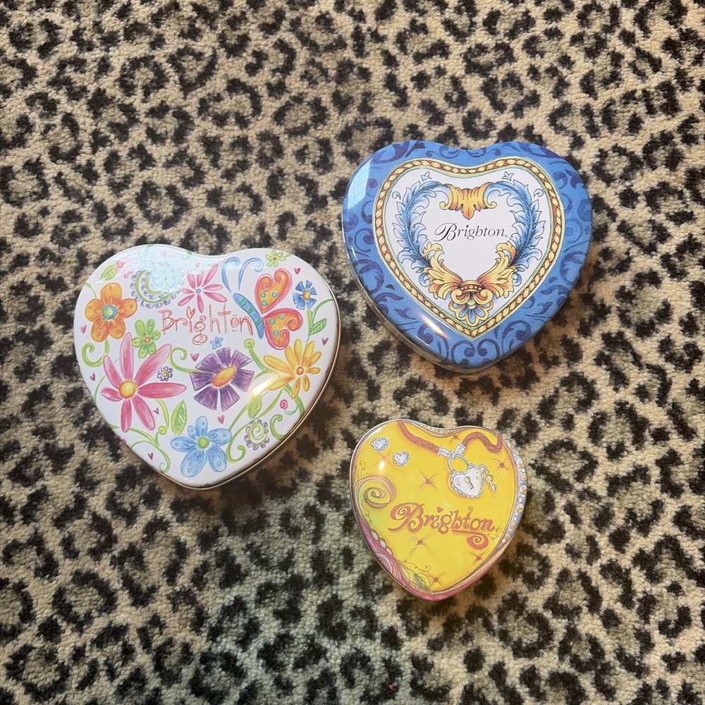 Brighton Lot Of 3 Tin Heart Shaped‎ Jewelry Boxes Empty 2 Medium And 1 Small